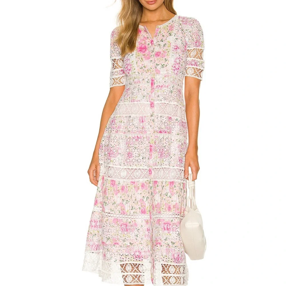 LoveShackFancy Pink Magenta Floral Eyelet Carlie Victorian Midi Dress - Picture 3 of 10